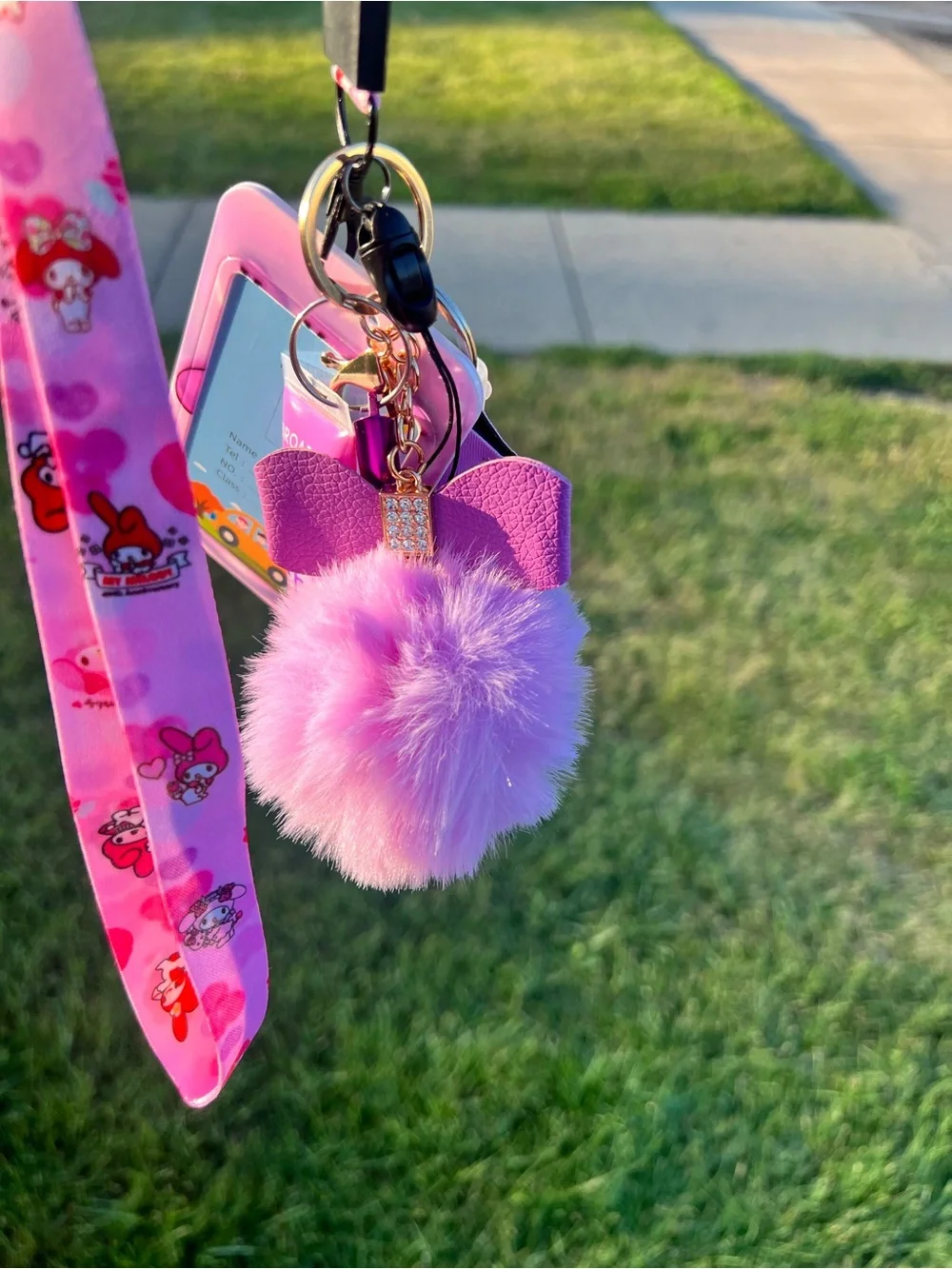 Sanrio My Melody Pink Lanyard Keychain Set with Pom Pom & Sanitizer Holder